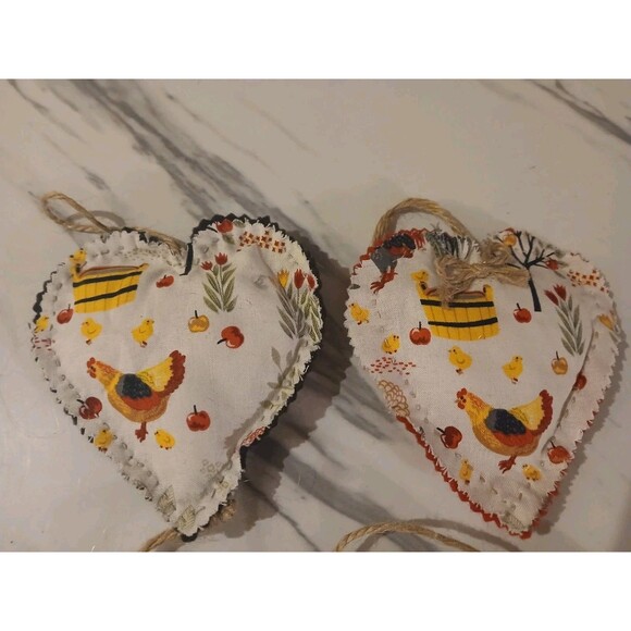 Christmas Ornaments  Handmade Gift  Primitive Cottage Chicken Heart - Set of 4 - Picture 2 of 3